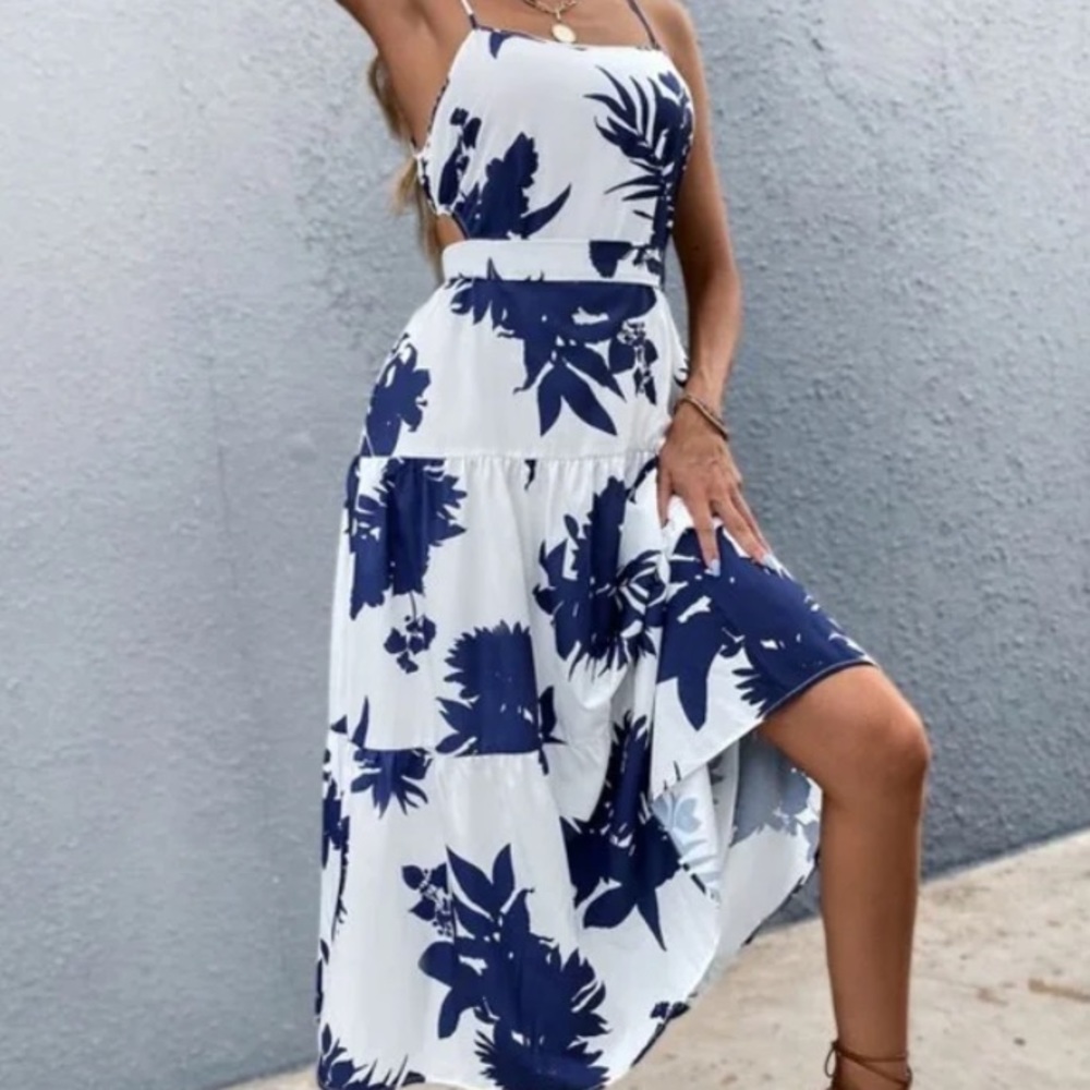 Boho Blue Floral Tropical Leaves Cut out Cami Ruffle Dress - Picture 9 of 11
